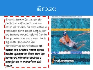 Braza
                                       http://www.youtube.com/watch?v=x0yCAzdE0zc

El estilo braza (brazada de
pecho...