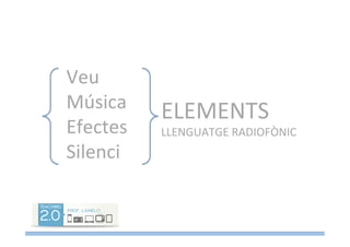 ELEMENTS	
  	
  
LLENGUATGE	
  RADIOFÒNIC	
  
Veu	
  
Música	
  
Efectes	
  
Silenci	
  
 