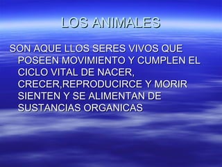 LOS ANIMALESLOS ANIMALES
SON AQUE LLOS SERES VIVOS QUESON AQUE LLOS SERES VIVOS QUE
POSEEN MOVIMIENTO Y CUMPLEN ELPOSEEN MOVIMIENTO Y CUMPLEN EL
CICLO VITAL DE NACER,CICLO VITAL DE NACER,
CRECER,REPRODUCIRCE Y MORIRCRECER,REPRODUCIRCE Y MORIR
SIENTEN Y SE ALIMENTAN DESIENTEN Y SE ALIMENTAN DE
SUSTANCIAS ORGANICASSUSTANCIAS ORGANICAS
 
