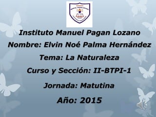 Instituto Manuel Pagan Lozano
Nombre: Elvin Noé Palma Hernández
Curso y Sección: II-BTPI-1
Jornada: Matutina
Tema: La Naturaleza
Año: 2015
 