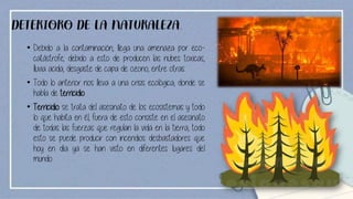 DETERIORO DE LA NATURALEZA.
• Debido a la contaminación, llega una amenaza por eco-
catástrofe; debido a esto de producen las nubes toxicas,
lluvia acida, desgaste de capa de ozono, entre otras.
• Todo lo anterior nos lleva a una crisis ecológica, donde se
habla de terricidio
• Terricidio se trata del asesinato de los ecosistemas y todo
lo que habita en él, fuera de esto consiste en el asesinato
de todas las fuerzas que regulan la vida en la tierra, todo
esto se puede producir con incendios desbastadores que
hoy en día ya se han visto en diferentes lugares del
mundo.
 