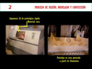 Impresora 3d de prototípico rápido Material: cera Prototipo en cera generado a partir de filamentos 2 PROCESO DE DISEÑO, MODELADO Y CONFECCIÓN  