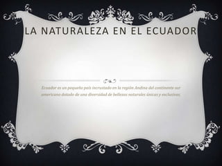 LA NATURALEZA EN EL ECUADOR



  Ecuador es un pequeño país incrustado en la región Andina del continente sur
  americano dotado de una diversidad de bellezas naturales únicas y exclusivas.
 