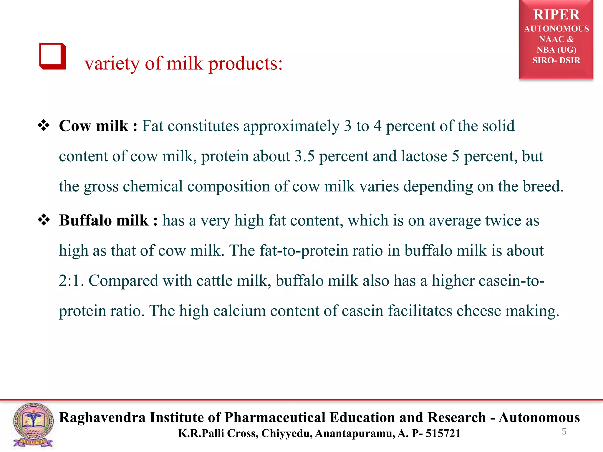 RIPER
AUTONOMOUS
NAAC &
NBA (UG)
SIRO- DSIR
Raghavendra Institute of Pharmaceutical Education and Research - Autonomous
K.R.Palli Cross, Chiyyedu, Anantapuramu, A. P- 515721
 variety of milk products:
 Cow milk : Fat constitutes approximately 3 to 4 percent of the solid
content of cow milk, protein about 3.5 percent and lactose 5 percent, but
the gross chemical composition of cow milk varies depending on the breed.
 Buffalo milk : has a very high fat content, which is on average twice as
high as that of cow milk. The fat-to-protein ratio in buffalo milk is about
2:1. Compared with cattle milk, buffalo milk also has a higher casein-to-
protein ratio. The high calcium content of casein facilitates cheese making.
5
 