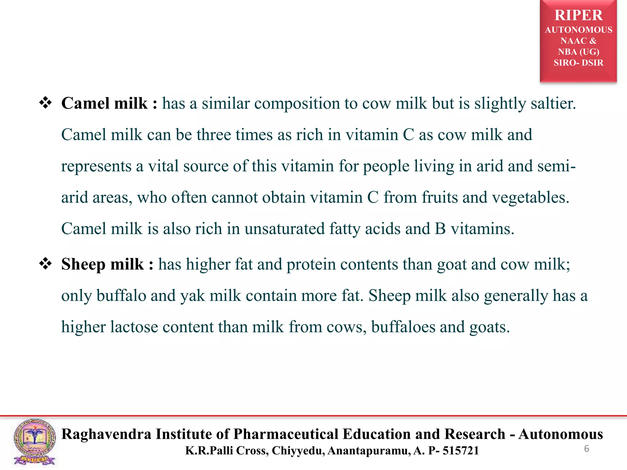 RIPER
AUTONOMOUS
NAAC &
NBA (UG)
SIRO- DSIR
Raghavendra Institute of Pharmaceutical Education and Research - Autonomous
K.R.Palli Cross, Chiyyedu, Anantapuramu, A. P- 515721
 Camel milk : has a similar composition to cow milk but is slightly saltier.
Camel milk can be three times as rich in vitamin C as cow milk and
represents a vital source of this vitamin for people living in arid and semi-
arid areas, who often cannot obtain vitamin C from fruits and vegetables.
Camel milk is also rich in unsaturated fatty acids and B vitamins.
 Sheep milk : has higher fat and protein contents than goat and cow milk;
only buffalo and yak milk contain more fat. Sheep milk also generally has a
higher lactose content than milk from cows, buffaloes and goats.
6
 