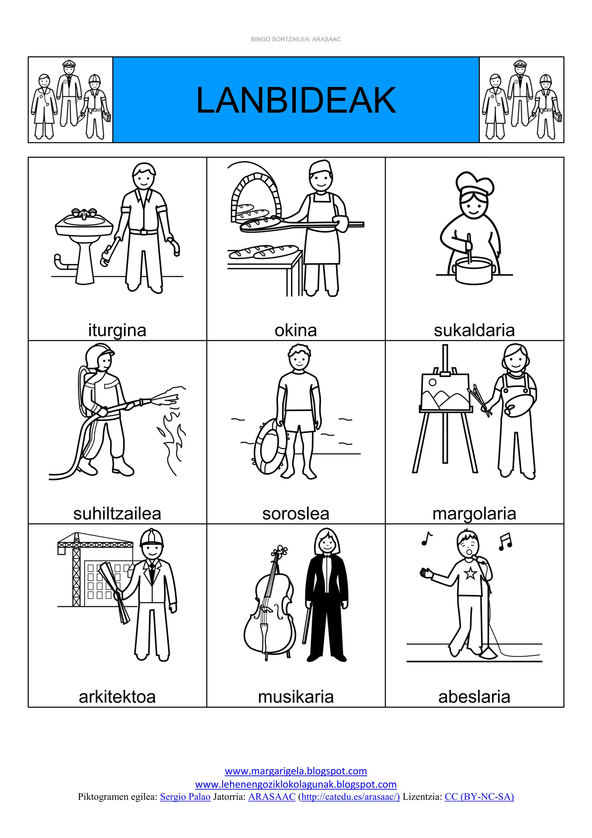 BINGO SORTZAILEA: ARASAAC
www.margarigela.blogspot.com
www.lehenengoziklokolagunak.blogspot.com
Piktogramen egilea: Sergio Palao Jatorria: ARASAAC (http://catedu.es/arasaac/) Lizentzia: CC (BY-NC-SA)
LANBIDEAK
iturgina okina sukaldaria
suhiltzailea soroslea margolaria
arkitektoa musikaria abeslaria
 