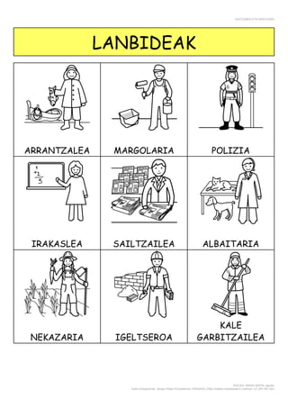 ENTZUMEN ETA MINTZAIRA
EGILEA: AMAIA NAPAL agosto
Autor pictogramas: Sergio Palao Procedencia: ARASAAC (http://catedu.es/arasaac/) Licencia: CC (BY-NC-SA)
LANBIDEAK
ARRANTZALEA MARGOLARIA POLIZIA
IRAKASLEA SAILTZAILEA ALBAITARIA
NEKAZARIA IGELTSEROA
KALE
GARBITZAILEA
 