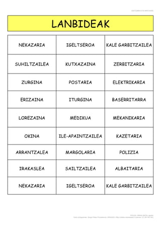 ENTZUMEN ETA MINTZAIRA
EGILEA: AMAIA NAPAL agosto
Autor pictogramas: Sergio Palao Procedencia: ARASAAC (http://catedu.es/arasaac/) Licencia: CC (BY-NC-SA)
LANBIDEAK
NEKAZARIA IGELTSEROA KALE GARBITZAILEA
SUHILTZAILEA KUTXAZAINA ZERBITZARIA
ZURGINA POSTARIA ELEKTRIKARIA
ERIZAINA ITURGINA BASERRITARRA
LOREZAINA MEDIKUA MEKANIKARIA
OKINA ILE-APAINTZAILEA KAZETARIA
ARRANTZALEA MARGOLARIA POLIZIA
IRAKASLEA SAILTZAILEA ALBAITARIA
NEKAZARIA IGELTSEROA KALE GARBITZAILEA
 