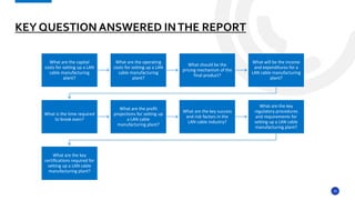 10
KEY QUESTION ANSWERED INTHE REPORT
What are the capital
costs for setting up a LAN
cable manufacturing
plant?
What are the operating
costs for setting up a LAN
cable manufacturing
plant?
What should be the
pricing mechanism of the
final product?
What will be the income
and expenditures for a
LAN cable manufacturing
plant?
What is the time required
to break even?
What are the profit
projections for setting up
a LAN cable
manufacturing plant?
What are the key success
and risk factors in the
LAN cable industry?
What are the key
regulatory procedures
and requirements for
setting up a LAN cable
manufacturing plant?
What are the key
certifications required for
setting up a LAN cable
manufacturing plant?
 