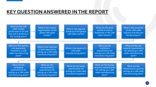 9
KEY QUESTION ANSWERED INTHE REPORT
How has the LAN
cable market
performed so far and
how will it perform in
the coming years?
What is the market
segmentation of the
global LAN cable
market?
What is the regional
breakup of the global
LAN cable market?
What are the price
trends of various
feedstocks in the LAN
cable industry?
What is the structure
of the LAN cable
industry and who are
the key players?
What are the various
unit operations
involved in a LAN
cable manufacturing
plant?
What is the total size
of land required for
setting up a LAN cable
manufacturing plant?
What is the layout of a
LAN cable
manufacturing plant?
What are the
machinery
requirements for
setting up a LAN cable
manufacturing plant?
What are the raw
material requirements
for setting up a LAN
cable manufacturing
plant?
What are the
packaging
requirements for
setting up a LAN cable
manufacturing plant?
What are the
transportation
requirements for
setting up a LAN cable
manufacturing plant?
What are the utility
requirements for
setting up a LAN cable
manufacturing plant?
What are the human
resource requirements
for setting up a LAN
cable manufacturing
plant?
What are the
infrastructure costs for
setting up a LAN cable
manufacturing plant?
 