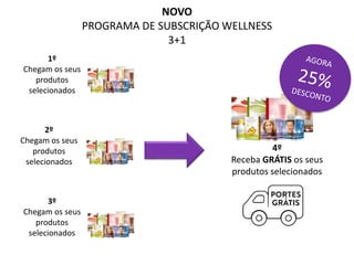 4º
Receba GRÁTIS os seus
produtos selecionados
NOVO
PROGRAMA DE SUBSCRIÇÃO WELLNESS
3+1
1º
Chegam os seus
produtos
selecionados
2º
Chegam os seus
produtos
selecionados
3º
Chegam os seus
produtos
selecionados
 