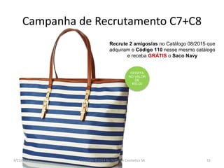 4/22/2015 Copyright ©2014 by Oriflame Cosmetics SA 51
Recrute 2 amigos/as no Catálogo 08/2015 que
adquiram o Código 110 nesse mesmo catálogo
e receba GRÁTIS o Saco Navy
OFERTA
NO VALOR
DE
€50,00
Campanha de Recrutamento C7+C8
 