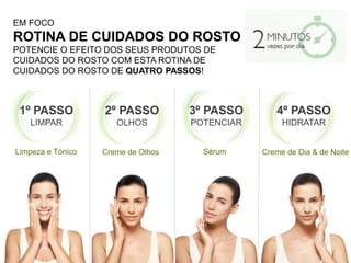 EM FOCO
ROTINA DE CUIDADOS DO ROSTO
POTENCIE O EFEITO DOS SEUS PRODUTOS DE
CUIDADOS DO ROSTO COM ESTA ROTINA DE
CUIDADOS DO ROSTO DE QUATRO PASSOS!
1º PASSO
LIMPAR
2º PASSO
OLHOS
3º PASSO
POTENCIAR
4º PASSO
HIDRATAR
Limpeza e Tónico Creme de Olhos Sérum Creme de Dia & de Noite
 