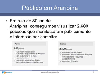 5www.softagon.com.br
Público em Araripina
• Em raio de 80 km de
Araripina, conseguimos visualizar 2.600
pessoas que manifestaram publicamente
o interesse por esmalte:
 