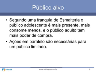 8www.softagon.com.br
Público alvo
• Segundo uma franquia de Esmalteria o
público adolescente é mais presente, mais
consome menos, e o público adulto tem
mais poder de compra.
• Ações em paralelo são necessárias para
um público limitado.
 