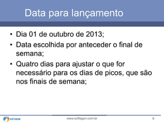 9www.softagon.com.br
Data para lançamento
• Dia 01 de outubro de 2013;
• Data escolhida por anteceder o final de
semana;
• Quatro dias para ajustar o que for
necessário para os dias de picos, que são
nos finais de semana;
 