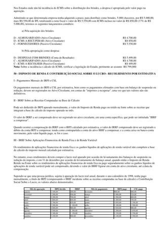 Nos Estados onde não há incidência do ICMS sobre a distribuição dos brindes, a despesa é apropriada pelo valor pago na
aquisição.

Admitindo-se que determinada empresa tenha adquirido a prazo, para distribuir como brindes, 5.000 chaveiros, por R$ 5.000,00,
mais R$ 550,00 de IPI, totalizando a nota fiscal o valor de R$ 5.550,00 com ICMS incluso no valor de R$ 850,00 (17% de R$
5.000,00), teremos os seguintes lançamentos contábeis:

       a) Pela aquisição dos brindes:

D - ALMOXARIFADO (Ativo Circulante)                                                                R$ 4.700,00
D - ICMS A RECUPERAR (Ativo Circulante)                                                             R$ 850,00
C - FORNECEDORES (Passivo Circulante)                                                              R$ 5.550,00

       b) Pela apropriação como despesa:

D - DESPESAS COM BRINDES (Conta de Resultado)                                                       R$ 5.499,00
C - ALMOXARIFADO (Ativo Circulante)                                                                 R$ 4.700,00
C - ICMS A RECOLHER (Passivo Circulante)                                                             R$ 499,00
Nota: Sobre a incidência e cálculo do ICMS, verificar a legislação do Estado, pertinente ao assunto R$ 799,000

50 - IMPOSTO DE RENDA E CONTRIBUIÇÃO SOCIAL SOBRE O LUCRO - RECOLHIMENTO POR ESTIMATIVA

I - Pagamentos Mensais do IRPJ e CSL

Os pagamentos mensais do IRPJ e CSL por estimativa, bem como os pagamentos efetuados com base em balanço de suspensão ou
redução, devem ser registrados no Ativo Circulante, em contas de "impostos a recuperar", uma vez que tais valores não são
definitivos.

II - IRRF Sobre as Receitas Computadas na Base de Cálculo

Pode ser deduzido do IRPJ apurado mensalmente, o valor do Imposto de Renda pago ou retido na fonte sobre as receitas que
integram a base de cálculo do imposto apurado no mês.

O valor do IRRF a ser compensado deve ser registrado no ativo circulante, em uma conta específica, que pode ser intitulada "IRRF
a compensar".

Quando ocorrer a compensação do IRRF com o IRPJ calculado por estimativa, o valor do IRRF compensado deve ser registrado a
débito da conta IRPJ a compensar, tendo como contrapartida a conta do ativo IRRF a compensar, e a conta caixa ou banco-conta
movimento, pelo valor líquido pago, se for o caso.

III - IRRF Sobre Aplicações Financeiras de Renda Fixa e de Renda Variável

Os rendimentos de aplicações financeiras de renda fixa e os ganhos líquidos de aplicações de renda variável não compõem a base
de cálculo do imposto mensal calculado por estimativa.

No entanto, esses rendimentos devem compor o lucro real apurado por ocasião do levantamento dos balanços de suspensão ou
redução do imposto, e em 31 de dezembro por ocasião do levantamento do balanço anual, quando então o Imposto de Renda
Retido na Fonte sobre os rendimentos de aplicações financeiras de renda fixa ou pago separadamente sobre os ganhos líquidos de
aplicações de renda variável pode ser compensado, devendo o valor do IRRF figurar em conta do ativo circulante, até a data da
compensação.

Supondo-se que uma pessoa jurídica, sujeita à apuração do lucro real anual, durante o ano-calendário de 1998, tenha pago
mensalmente, a título de IRPJ (compensando o IRRF incidente sobre as receitas computadas na base de cálculo) e Contribuição
Social Sobre o Lucro, os valores abaixo demonstrados:

                Mês de apuração       IRPJ devido        IRRF           Mês de pagamento       IRPJ pago       CSL paga
         janeiro                  1.100,00          200,00      fevereiro                  900,00          480,00
         fevereiro                1.500,00          500,00      março                      1.000,00        520,00
         março                    2.200,00          700,00      abril                      1.500,00        800,00
         abril                    1.800,00          600,00      maio                       1.200,00        750,00
         maio                     2.700,00          850,00      junho                      1.850,00        1.100,00
         junho                    3.200,00          1.100,00    julho                      2.100,00        1.500,00
         julho                    2.900,00          980,00      agosto                     1.920,00        980,00
         agosto                   3.500,00          1.200,00    setembro                   2.300,00        1.650,00
         setembro                 3.300,00          1.150,00    outubro                    2.150,00        1.550,00
         outubro                  3.100,00          960,00      novembro                   2.140,00        1.300,00
 