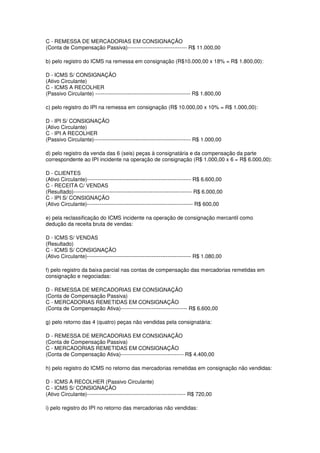 C - REMESSA DE MERCADORIAS EM CONSIGNAÇÃO
(Conta de Compensação Passiva)--------------------------------- R$ 11.000,00

b) pelo registro do ICMS na remessa em consignação (R$10.000,00 x 18% = R$ 1.800,00):

D - ICMS S/ CONSIGNAÇÃO
(Ativo Circulante)
C - ICMS A RECOLHER
(Passivo Circulante) ----------------------------------------------------- R$ 1.800,00

c) pelo registro do IPI na remessa em consignação (R$ 10.000,00 x 10% = R$ 1.000,00):

D - IPI S/ CONSIGNAÇÃO
(Ativo Circulante)
C - IPI A RECOLHER
(Passivo Circulante)------------------------------------------------------ R$ 1.000,00

d) pelo registro da venda das 6 (seis) peças à consignatária e da compensação da parte
correspondente ao IPI incidente na operação de consignação (R$ 1.000,00 x 6 = R$ 6.000,00):

D - CLIENTES
(Ativo Circulante)---------------------------------------------------------- R$ 6.600,00
C - RECEITA C/ VENDAS
(Resultado)------------------------------------------------------------------ R$ 6.000,00
C - IPI S/ CONSIGNAÇÃO
(Ativo Circulante)----------------------------------------------------------- R$ 600,00

e) pela reclassificação do ICMS incidente na operação de consignação mercantil como
dedução da receita bruta de vendas:

D - ICMS S/ VENDAS
(Resultado)
C - ICMS S/ CONSIGNAÇÃO
(Ativo Circulante)---------------------------------------------------------- R$ 1.080,00

f) pelo registro da baixa parcial nas contas de compensação das mercadorias remetidas em
consignação e negociadas:

D - REMESSA DE MERCADORIAS EM CONSIGNAÇÃO
(Conta de Compensação Passiva)
C - MERCADORIAS REMETIDAS EM CONSIGNAÇÃO
(Conta de Compensação Ativa)------------------------------------- R$ 6.600,00

g) pelo retorno das 4 (quatro) peças não vendidas pela consignatária:

D - REMESSA DE MERCADORIAS EM CONSIGNAÇÃO
(Conta de Compensação Passiva)
C - MERCADORIAS REMETIDAS EM CONSIGNAÇÃO
(Conta de Compensação Ativa)----------------------------------- R$ 4.400,00

h) pelo registro do ICMS no retorno das mercadorias remetidas em consignação não vendidas:

D - ICMS A RECOLHER (Passivo Circulante)
C - ICMS S/ CONSIGNAÇÃO
(Ativo Circulante)------------------------------------------------------- R$ 720,00

i) pelo registro do IPI no retorno das mercadorias não vendidas:
 