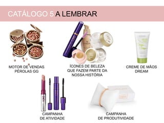 ÍCONES DE BELEZA
QUE FAZEM PARTE DA
NOSSA HISTÓRIA
CAMPANHA
DE ATIVIDADE
CAMPANHA
DE PRODUTIVIDADE
CREME DE MÃOS
DREAM
CATÁLOGO 5 A LEMBRAR
MOTOR DE VENDAS
PÉROLAS GG
 