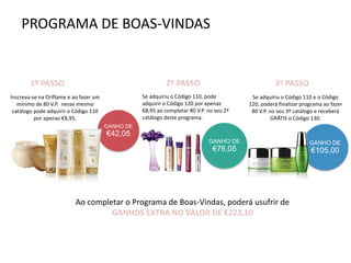 PROGRAMA DE BOAS-VINDAS
GANHO DE
€42,05
GANHO DE
€105,00
Inscreva-se na Oriflame e ao fazer um
mínimo de 80 V.P. nesse mesmo
catálogo pode adquirir o Código 110
por apenas €8,95.
Se adquiriu o Código 110, pode
adquirir o Código 120 por apenas
€8,95 ao completar 80 V.P. no seu 2ª
catálogo deste programa.
GANHO DE
€76,05
Se adquiriu o Código 110 e o Código
120, poderá finalizar programa ao fazer
80 V.P. no seu 3º catálogo e receberá
GRÁTIS o Código 130.
Ao completar o Programa de Boas-Vindas, poderá usufrir de
GANHOS EXTRA NO VALOR DE €223,10
1º PASSO 2º PASSO 3º PASSO
 