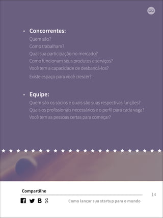 • Concorrentes: 
Quem são? 
Como trabalham? 
Qual sua participação no mercado? 
Como funcionam seus produtos e serviços? 
Você tem a capacidade de desbancá-los? 
Existe espaço para você crescer? 
• Equipe: 
Quem são os sócios e quais são suas respectivas funções? 
Quais os profissionais necessários e o perfil para cada vaga? 
Você tem as pessoas certas para começar? 
Compartilhe 
Como lançar sua startup para o mundo 
14 
 