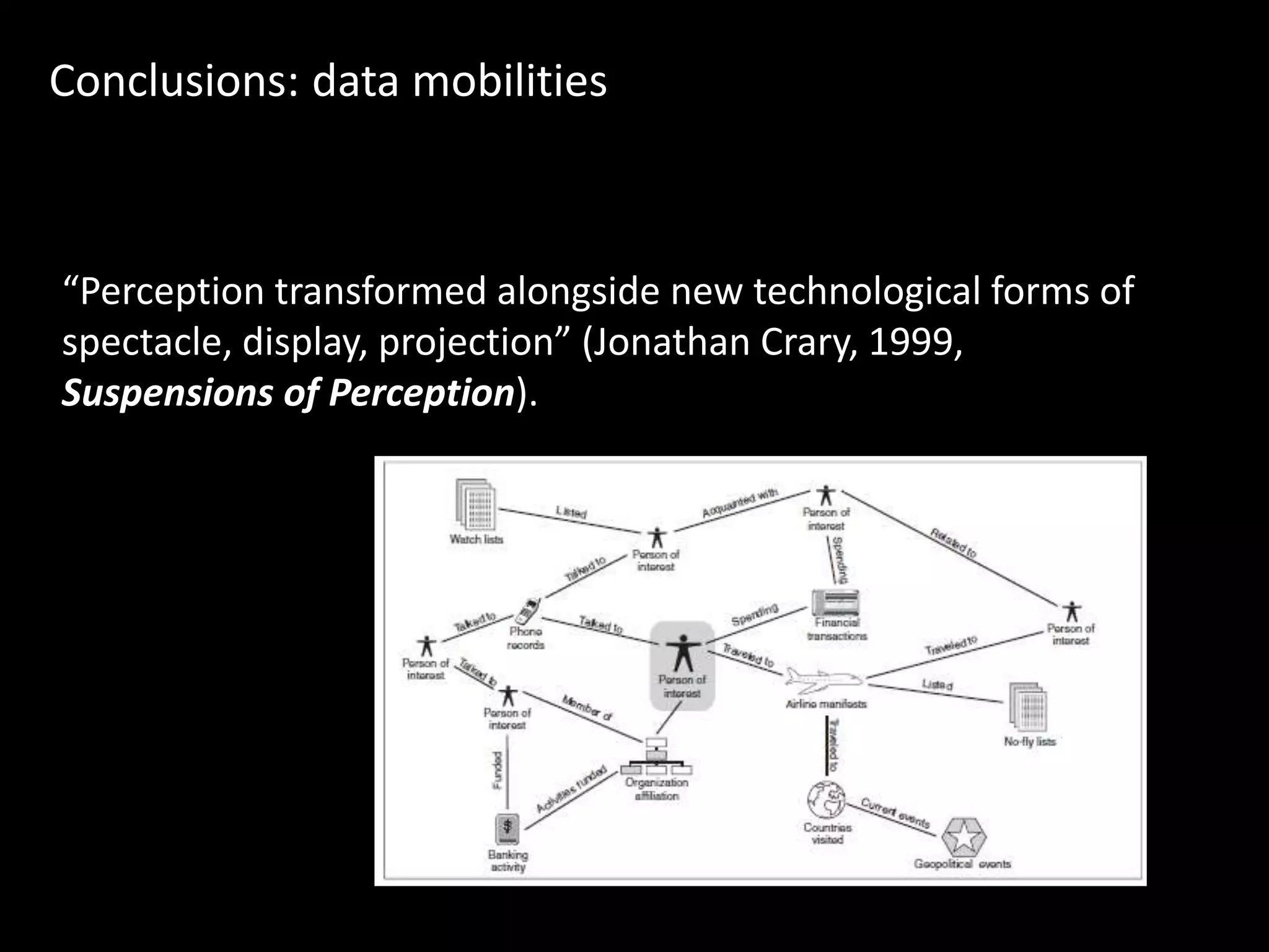 Conclusions: data mobilities
“Perception transformed alongside new technological forms of
spectacle, display, projection” (Jonathan Crary, 1999,
Suspensions of Perception).
 