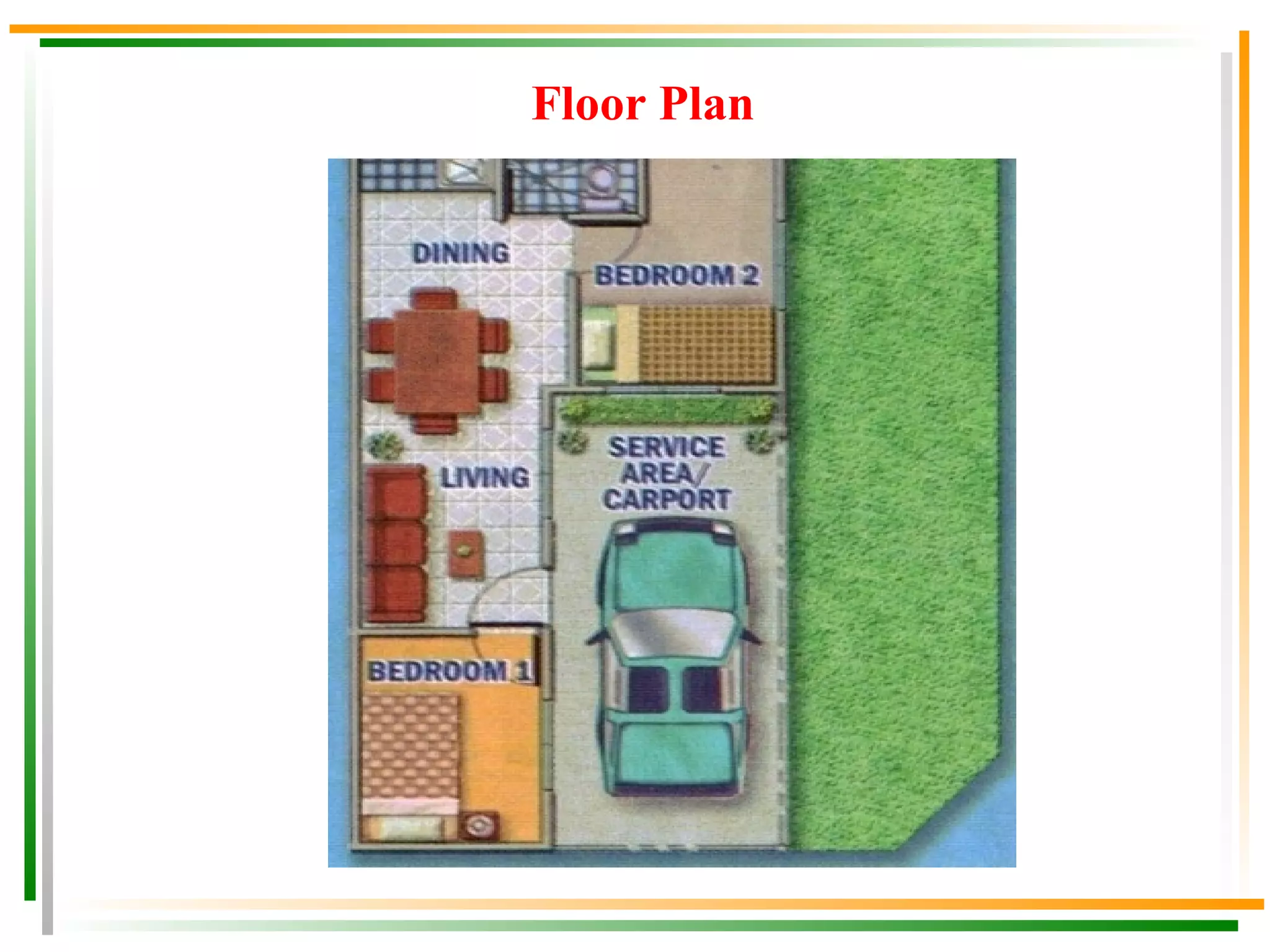 House Features   Floor Area: 28 sqm Typical Lot Area: 43 sqm One (1) Storey Two (2) Bedrooms with partition One (1) Toilet & Bath Living Area Dining Area Kitchen Area Service/Laundry Area Provision for 1 Car Garage House Finishes   Pre-painted G.I Sheets Roofing Painted Exterior and Interior Walls  Water Closet Tiled Kitchen Counter Tiled Bathroom Flooring Floor Cement Finish Steel Casement Windows Pre-Cast Panel System 