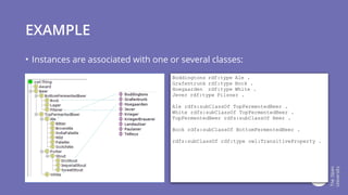 EXAMPLE
• Instances are associated with one or several classes:
Boddingtons rdf:type Ale .
Grafentrunk rdf:type Bock .
Hoegaarden rdf:type White .
Jever rdf:type Pilsner .
Ale rdfs:subClassOf TopFermentedBeer .
White rdfs:subClassOf TopFermentedBeer .
TopFermentedBeer rdfs:subClassOf Beer .
Bock rdfs:subClassOf BottomFermentedBeer .
rdfs:subClassOf rdf:type owl:TransitiveProperty .
 
