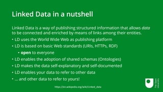 Linked Data in a nutshell
hCps://en.wikipedia.org/wiki/Linked_data
Linked Data is a way of publishing structured information that allows data
to be connected and enriched by means of links among their entities.
• LD uses the World Wide Web as publishing platform
• LD is based on basic Web standards (URIs, HTTPs, RDF)
• open to everyone
• LD enables the adoption of shared schemas (Ontologies)
• LD makes the data self-explanatory and self-documented
• LD enables your data to refer to other data
• … and other data to refer to yours!
 