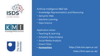 https://isds.kmi.open.ac.uk/
https://kmi.open.ac.uk/
ArtificiaI intelligence R&D lab:
• Knowledge Representation and Reasoning
• Semantic Web
• Machine Learning
• Data Science
Application areas:
• Teaching & Learning
• Scholarly Data Analysis
• Social Media Analysis
• Smart Cities
• Humanities
 