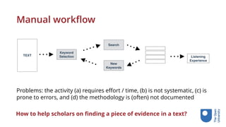 Manual workflow
Problems: the activity (a) requires effort / time, (b) is not systematic, (c) is
prone to errors, and (d) the methodology is (often) not documented
How to help scholars on finding a piece of evidence in a text?
 