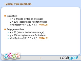 Typical viral numbers Install flow x = 5 (friends invited on average) y = 22% (acceptance rate for invites) Viral factor = 5 * 0.22 = 1.1  VIRAL!!! Engagement flow x = 20 (friends invited on average) y = 6% (acceptance rate for invites) Viral factor = 20 * 0.6 = 1.2  VIRAL!!! 