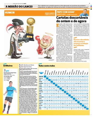 www.lancenet.com.brQUINTA-FEIRA, 18 DE JULHO DE 2013 LANCE! 3
A MISSÃO DO LANCE! “Ser a referência em conteúdo esportivo no País oferecendo um jornalismo de qualidade e
independente, em defesa dos interesses do torcedor e do desenvolvimento do esporte nacional”A MISSÃO DO LANCE! “Ser a referência em conteúdo esportivo no País oferecendo um jornalismo de qualidade e
independente, em defesa dos interesses do torcedor e do desenvolvimento do esporte nacional”
MARIO ALBERTO
mal@lancenet.com.br
HUMOR
Todos contra todos
Atlético-MG 31/7 14/8 7/8 5/10 11/9 3x2 12/10 19/10 4/9 23/11 2x0 13/11 2/11 21/7 24/8 28/9 0x0 21/9 8/12
Atlético-PR 11/10 7/8 24/8 21/7 5/10 17/8 2x2 2x2 11/9 4/8 1x1 2/11 23/11 21/9 12/10 4/9 9/11 8/12 28/9
Bahia 9/11 16/11 2x1 0x2 0x0 11/9 4/9 31/7 8/12 28/7 10/8 18/9 24/8 5/10 23/11 17/8 19/10 28/9 9/10
Botafogo 26/10 21/9 11/9 11/9 4/9 8/12 2x1 12/10 1x0 10/8 5/10 14/8 20/7 28/9 13/11 2x1 31/8 19/10 9/10
Corinthians 0x1 9/10 2/10 1x1 17/8 19/10 22/9 31/8 4/11 14/9 31/7 1/12 7/9 1x0 0x0 26/10 28/7 16/11 10/8
Coritiba 2x1 1x0 14/9 1/12 13/11 16/11 19/10 2/10 2x1 18/9 26/10 31/8 1x0 31/7 14/8 9/10 7/9 10/8 28/7
Criciúma 2/10 13/4 3x1 7/9 4/8 24/8 7/8 0x3 18/9 0x0 20/7 14/9 14/8 2/11 16/10 3x1 1/12 13/10 23/11
Cruzeiro 28/7 14/9 1/12 18/9 1x0 3/8 26/10 7/9 16/10 5x0 9/11 2x2 3x0 16/11 2/10 10/8 9/10 31/8 17/8
Flamengo 4/8 18/9 16/10 28/7 23/11 2x2 28/9 8/12 2/11 9/11 24/8 9/10 0x1 0x2 7/8 11/9 17/8 5/10 4/9
Fluminense 1/12 2x1 7/19 2/10 14/8 22/9 3x0 31/7 10/8 2x1 13/10 2x3 13/11 19/10 14/9 31/8 16/11 21/7 26/10
Goiás 31/8 19/10 2/11 12/10 1x1 1x1 5/10 11/9 14/8 28/9 4/9 16/11 7/8 13/4 21/7 22/9 8/12 1/8 1x0
Grêmio 14/9 2/10 2/11 2x1 16/10 8/8 9/10 14/8 16/11 28/7 1/12 4/8 2x0 31/8 7/9 18/9 1x1 13/11 1x0
Internacional 17/8 10/8 1x2 9/11 4/9 23/11 2x0 28/9 21/7 5/10 24/8 19/10 12/10 8/12 22/9 31/7 26/6 5x3 11/9
Náutico 10/8 31/8 16/11 9/10 8/12 28/9 9/11 5/10 22/9 17/8 26/10 11/9 28/7 1x3 2x2 19/10 31/7 4/9 0x3
PontePreta 9/10 3x4 0x0 0x2 18/9 16/10 10/8 24/8 14/9 4/8 17/8 23/4 7/9 2/10 1/12 27/7 0x2 26/10 9/11
Portuguesa 26/11 28/7 31/8 17/8 28/9 9/11 31/7 1x1 26/10 2x1 9/10 8/2 1x1 18/9 4/9 5/10 10/8 11/9 19/10
Santos 1x0 1/12 1311 14/9 7/8 21/7 21/9 2/11 0x0 23/11 7/9 1x1 16/10 3/8 12/10 4x1 2/10 14/5 24/8
SãoPaulo 18/9 14/8 1x2 23/11 12/10 8/12 4/9 20/7 13/11 24/8 0x1 28/9 24/7 16/10 4/9 2/11 0x2 5x1 5/10
Vasco 2x0 7/9 1x1 4/8 24/8 2/11 27/7 23/11 0x1 9/10 16/10 17/8 2/10 1/12 8/8 1x0 9/11 14/9 18/9
Vitória 7/9 3x2 21/7 16/10 2/11 12/10 31/8 13/11 1/12 7/8 2/10 22/9 2x2 14/9 14/8 4/8 16/11 3x2 2x0
Mandantes
Atlético-MG
Atlético-PR
Bahia
Botafogo
Corinthians
Coritiba
Criciúma
Cruzeiro
Flamengo
Fluminense
Goiás
Grêmio
Internacional
Náutico
PontePreta
Portuguesa
Santos
SãoPaulo
Vasco
Artilheiros
3gols
Eduardo Jesús Vargas Rojas
Vargas (Grêmio)
Nascimento: 20/11/1989,
em Santiago (CHI)
Idade: 23 anos
Altura: 1,75 m
Peso: 75 kg
Vitória
6gols Maxi Biancucchi (Vitória)
5gols Diego Forlán (Inter);
4gols Éderson (Atlético-PR); Fernandão
(Bahia); William (Ponte Preta);
3gols Seedorf (Botafogo); Deivid (Coriti-
ba); Rafael Sobis (Fluminense); Vargas (Grê-
mio); Neilton (Santos); Aloísio e Luis Fabiano
(São Paulo); Dinei (Vitória)
2gols Ronaldinho Gaúcho e Rosinei
(Atlético-MG); Manoel e Pedro Botelho (Atlé-
tico-PR); R. Marques e Lodeiro (Botafogo);
Alexandre Pato (Corinthians); Alex (Coritiba);
M.FerrazeJoãoVitor(Criciúma);BrunoRodri-
go, Nilton e Vinícius Araújo (Cruzeiro); Mar-
celo Moreno e Gabriel (Flamengo); Carlinhos
e Digão (Fluminense); Elano (Grêmio);
D'Alessandro e Rafael Moura (Internacional);
Rogério(Náutico);Cícero,GivaeW.José(San-
tos);
1gol Alecsandro e Tardelli (Atlético-MG);
Luiz Alberto, Marcão, Everton e Paulo Baier
(Atlético-PR); Anderson Talisca, Diones,
Fahel e Ryder (Bahia); A. Carlos, F. Gabriel e
Vitinho (Botafogo); Guilherme, Paulinho e
Emerson (Corinthians); Arthur, Chico, Geral-
do e Robinho (Coritiba); Giancarlo, Lins e W.
Paulista (Criciúma); Anselmo Ramon, Bor-
ges, Dagoberto, Dedé, Diego Souza, Elber, E.
Ribeiro, Luan e R. Goulart (Cruzeiro); Cáce-
res, Hernane, Paulinho e Renato (Flamengo);
Denilson, Fred, Samuel e W. Nem (Fluminen-
se); Vitor, Rodrigo, Ernando, Hugo e Walter
(Goiás); Barcos, Kleber e Zé Roberto (Grê-
mio); Otavinho, Gabriel, Fred, Willians, Índio
e R. Moledo (Internacional); Caion e M. Vini-
cius (Náutico); Chiquinho, Cicinho, Diego Sa-
coman e Rildo (Ponte Preta); , Bruno Moraes,
Cañete, Diogo, Michel, Romão, Souza e Val-
domiro (Portuguesa); Montillo (Santos); Car-
leto, Lúcio e Jadson e Rogério Ceni (São Pau-
lo); André, Alisson, Abuda, C. Alberto, Dak-
son, Fellipe Bastos, R. Vaz e Tenório (Vasco);
Cáceres, Escudero, E. Magal e G. Paulista (Vi-
tória)
ROBERTO ASSAF - assaf@lancenet.com.br
PAPO COM ASSAF
Cartolas descartáveis
de ontem e de agora
teremcometido,navisãodaentida-
de, atos graves. A imagem do Rei
não sofreu qualquer arranhão com
as acusações. Na convocação se-
guinte, lá estava ele, à revelia do di-
rigente. E é desnecessário contar o
resto da sua trajetória. Ramires e
Ronaldinho Gaúcho jamais terão a
mesma importância de Pelé. Mas
não trocariam propositadamente a
E
m 1963, a CBD, antecessora da
CBF, mandou a Seleção reali-
zar uma série de 11 jogos por
setepaísesdaEuropa,umnoEgitoe
outro em Israel. Foram cinco vitó-
rias,cincoderrotaseumempate,sal-
do absolutamente desastroso, pois o
Brasil era bicampeão mundial.
O retorno aconteceu em 23 de
maio. No Aeroporto do Galeão, no
Rio, palco do desembarque, o chefe
da delegação, João Mendonça Fal-
cão,naânsiadelivraraprópriacara,
acusou alguns craques de bêbados,
outros de egocêntricos, e o mais gra-
ve, afirmou que Pelé teve péssimo
comportamento. “Nas excursões do
Santos ele ganha participação nas
cotas do clube. Mas aqui recebe o
mesmoqueosoutros.Elogicamente
inventa contusões para não jogar.
Elecontaminaatodos.Enãodeveria
nuncamaisserconvocadoparaaSe-
leção”, disse o dirigente, como regis-
tram os jornais da época.
E eis que 50 anos se passaram e o
presidente da CBF, José Maria Ma-
rin, vem a público explicar que Ra-
mires e Ronaldinho Gaúcho sobra-
ram na Copa das Confederações por
Ramires e Ronaldinho
não trocariam a
presença na Seleção
por futilidades
presença deles numa competição
de valor por futilidades.
Assim, talvez seja mais interes-
sante ignorar as advertências de
MarinereabilitaraduplaparaaSe-
leção. Mesmo porque Marin tam-
bém é apenas mais um cartola des-
cartável na centenária história do
futebol brasileiro.
RobertoAssafescreveàsterçasequintas
 