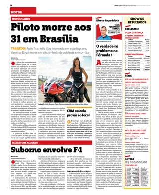 LANCE! QUINTA-FEIRA, 18 DE JULHO DE 2013 www.lancenet.com.br34
MOTOR
TÊNIS
SHOW DE
RESULTADOS
ATP 500 DE HAMBURGO (ALE)
SIMPLES, MASCULINO, SAIBRO
Segunda rodada, ontem
RogerFederer(SUI)3-6,6-3e6-2DanielBrands
(ALE); Feliciano Lopez (ESP) 7-5 e 6-3 Jan-
Lennard Struff (ALE); Jerzy Janowicz (POL) 6-4,
3-6 e 7-6 (7-4) Robin Haase (HOL); Federico
Delbonis (ARG) 6-1, 4-6 e 6-4 Tommy Robredo
(ESP);JuanMonaco(ARG)6-4e6-4GaelMonfils
(FRA); Guillermo García-Lopez (ESP) 6-3, 6-7 (3-
7) e 6-2 Mikhail Youzhny (RUS); Marcel
Granollers (ESP) 6-2, 1-6 e 6-1 Andreas Seppi
(ITA); Fabio Fognini (ITA) 6-1 e 6-3 Albert Ramos
(ESP); Carlos Berlocq (ARG) 4-6, 6-1 e 7-6 (8-6)
MartinKlizan(ESQ);TommyHaas(ALE)6-1,4-6
e 6-4 Blaz Kavcic (ESQ); Fernando Verdasco
(ESP)6-4,3-6e6-2RobertoBautistaAgut(ESP);
Jan Hajek (RTC) 6-4, 2-6 e 6-4 Ernests Gulbis
(LET).
DUPLAS, MASCULINO, SAIBRO
Oitavas de final, ontem
Alexander Peya (AUT)/Bruno Soares (BRA) 7-6
(7-3) e 6-1 Andre Begemann (ALE)/Martin
Emmrich (ALE); Thomaz Bellucci (BRA)/Benoit
Paire(FRA)6-3e6-4JulianKnowle(AUT)/Robert
Lindstedt (SUE)
WTA DE BASTAD (SUE)
SIMPLES, FEMININO, SAIBRO
Primeira rodada, ontem
Simona Halep (ROM) 6-4 e 6-0 Rebecca
Peterson (SUE)
Segunda rodada, ontem
Lourdes Dominguez Lino (ESP) 3-6, 6-4 e 6-3
TelianaPereira(BRA);KlaraZakopalova(RTC)6-
3 e 6-1 Arantxa Parra Santonja (ESP); Johanna
Larsson(SUE)6-2e6-3NinaBratchikova(RUS);
Virginie Razzano (FRA) 3-6, 6-0 e 6-4 Alexandra
Dulgheru (ROM).
LOTECA
R$ 300.000,00
CONCURSO 567
1 Domingo Fluminense/RJ x Vasco/RJ
2 Domingo Inter/RS x Flamengo/RJ
3 Sábado Criciúma/SC x Grêmio/RS
4 Sábado Figueirense/SC x Palmeiras/SP
5 Domingo Brasiliense/DF x Fortaleza/CE
6 Sábado ABC/RN x Joinville/SC
7 Domingo Treze/PB x CRB/AL
8 Domingo Atlético/MG x Ponte Preta/SP
9 Domingo Santos/SP x Coritiba/PR
10Sábado Botafogo/RJ x Náutico/PE
11 Domingo Atlético/PR x Corinthians/SP
12 Domingo Goiás/GO x Portuguesa/SP
13 Domingo Vitória/BA x Bahia/BA
14 Sábado São Paulo/SP x Cruzeiro/MG
CICLISMO
VOLTA DA FRANÇA
17 a
- ETAPA, DE EMBRUN A
CHORGES (32KM)
Ciclista Tempo
1o
- ChristopherFroome(GBR) 51m33
2o
- AlbertoContador(ESP) a09s
3o
- JoaquinRodriguez(ESP) a10s
4o
- RomanKreuziger(RTC) a23s
5o
- AlejandroValverde(ESP) a30s
CLASSIFICAÇÃO GERAL
Ciclista Tempo
1o
- ChristopherFroome(GBR) 66h07m09
2o
- AlbertoContador(ESP) a4m34
3o
- RomanKreuziger(RTC) a4m51
4o
- BaukeMollema(HOL) a6m23
5o
- NairoQuintana(EQU) a6m58
145o
- MuriloFischer(BRA) a2h31m19
LUIS
FERNANDO
RAMOS
Correspondente
do LANCE! na F-1
Direto do paddock
reporterpoli@lancenet.com.br
O verdadeiro
problema na
Fórmula 1
A
questão dos pneus parece
ter sido resolvida com as
mudanças iniciadas em
Nürburgringequeestãosendotes-
tadas nestes dias em Silverstone
para serem ratificadas no próximo
GP da Hungria. O título da tempo-
rada também está bem encami-
nhado para um infalível Sebastian
Vettel. Sem grandes questões es-
portivas para acontecer em 2013, é
hora da Fórmula 1 olhar com cari-
nho para algo mais importante:
sua própria estrutura.
Os sinais estão por todos os la-
dos: a Sauber precisou abrir suas
portasparaSergeySirotkin,umpi-
loto russo de 17 anos e resultados
discretíssimos nas categorias de
base,paragarantirsuasobrevivên-
cia. É a mesma equipe que, num
passado não muito distante, em-
pregou novatos apenas pelo talen-
to, como Kimi Raikkonen, Felipe
Massa e Robert Kubica.
Mas é errado culpar a Sauber
(ou a Williams, a Caterham, a Ma-
russia, etc). Não é de hoje que se
discutenopaddockaintroduçãode
um teto no orçamento gasto na
temporada, o que garantiria um
bom funcionamento dos times me-
nores. Mas as equipes grandes co-
mo Ferrari, Red Bull, Mercedes e
McLarenfogemdissocomoodiabo
da cruz. Donas de orçamentos ge-
nerosos, sabem que o poder finan-
ceiro lhes garante superioridade.
Opioréqueopensamentodelas
é premiado pelo sistema de Bernie
Ecclestone, que reserva fatias
enormes de dinheiro para as equi-
pes mais bem colocadas no Mun-
dial de Construtores e algumas mi-
galhas para as piores colocadas. É
um sistema que cria uma espécie
de “Campeonato Espanhol” den-
tro da F-1, onde apenas dois ou três
times possuem o poder financeiro.
A solução seria criar um teto or-
çamentário,aumentarafatiadolu-
cro da F-1 reservada para as equi-
pes e fazer com que partes iguais
fossem distribuídas para elas. Isto
seria possível se todos os times se
unissem. Mas Ecclestone já apren-
deu faz tempo que basta prometer
um privilégio para a Ferrari aqui,
outroparaaRedBullalieumapre-
tensa união vai por água baixo.
Quemperdecomissoéaprópria
Fórmula 1.
MOTOCICLISMO
Piloto morre aos
31 em Brasília
TRAGÉDIA Após ficar três dias internada em estado grave,
Vanessa Daya morre em decorrência de acidente em corrida
lA piloto de motovelocidade
Vanessa Daya, de 31 anos,
morreu na madrugada de ontem.
Ela estava internada em estado
gravíssimo no Hospital da Base,
emBrasília(DF),desdeoúltimodo-
mingo, e não conseguiu se recupe-
rar de um edema cerebral.
Vanessa, que defendia a equipe
Moto com Batom, sofreu um aci-
dente durante a terceira etapa do
Campeonato Brasiliense. Segundo
a empresa Capital Racing Motoci-
clismo,organizadoradoevento,ela
caiu na sétima volta, quando per-
deuocontroledoveículoapósuma
tentativa de ultrapassagem, e foi
pararemumaespéciedevalão.Ela
foiatingidapelamotoeseucapace-
te chegou a rachar, gerando um
corte profundo e o rompimento de
uma artéria do pescoço. Daya foi
atendida prontamente pela equipe
de resgate e levada ao hospital.
Na última terça-feira, os médi-
coschegaramasuspeitardamorte
cerebral de Vanessa, mas a piloto,
que foi campeã brasiliense no ano
passado, ainda respondia aos estí-
mulos neurológicos.
AFederaçãodeMotociclismodo
DistritoFederal(FMDF)organizou
uma comissão para investigar as
causas do acidente.
O promotor da Moto 1000 GP,
GilsonScudeler,revelouquenoiní-
cio do ano chegou a pedir mudan-
NÚCLEO POLI
reporterpoli@lancenet.com.br
çasnapistaparaaumentaronívelde
segurança para a categoria. Ele la-
mentou o ocorrido:
– Esse é um momento difícil para
todos na motovelocidade, um mo-
mento de dor pela perda de uma
adepta do nosso esporte. É uma tra-
gédia que abala todos nós e que abre
ummomentodereflexões.Somosso-
lidários à dor dos familiares da Va-
nessa.Oquehouvefoiumatragédia.
É necessário que todas as precau-
ções sejam tomadas em nome da se-
gurança, e a determinação da CBM
segue essa necessidade – afirmou.
Adeus A piloto Vanessa Daya chamava a atenção nas pistas por sua beleza
ARQUIVO PESSOAL
CBM cancela
provas no local
AMotivada pela morte da piloto Va-
nessa Daya, a Confederação Brasi-
leira Motociclismo (CBM) suspendeu pro-
vasdamodalidadenoAutódromoInterna-
cionalNelsonPiquet,emBrasília(DF).Com
isso, a quarta etapa da Moto 1000 GP, em
28 de julho, foi cancelada. A paralisação
valerá até a conclusão do relatório para
apurar as causas da morte de Vanessa.
ECCLESTONE ACUSADO
Suborno envolve F-1
lPrincipal executivo da For-
mula One Management
(FOM), o inglês Bernie Ecclestone
foi acusado ontem por promotores
alemães de ter recebido suborno
para facilitar acordos comerciais
com a empresa CVC Capital Part-
ners, na Fórmula 1, em 2006.
O indiciamento foi motivado
ainda pelos depoimentos do ban-
queiro alemão Gerhard Gribkows-
ky, que revelou ter sido subornado
pelo dirigente. Ele, que foi conde-
nado a oito meses e meio de prisão
NÚCLEO POLI
reporterpoli@lancenet.com.br
em junho do ano passado, teria rece-
bido cerca de R$ 132,8 milhões.
A defesa de Ecclestone alega que
ele foi coagido pelo alemão a fazer o
depósito,sobameaçadeterinforma-
ções falsas suas entregues ao fisco
britânico, para ser incriminado.
Eleteriapagoosubornocomoob-
jetivo de que o banco alemão
BayernLB vendesse suas ações para
a CVC. Ecclestone também queria
que o valor divulgado da transferên-
cia fosse menor que o real.
Caso seja condenado, o dirigente
de 82 anos pode perder seu cargo na
FOM, além de receber uma pena de
até dez anos de detenção.
– Meus advogados aceitaram a
acusação. Isso significa que eles
precisam responder o indiciamen-
to e estão trabalhando incansavel-
mente para isto – disse o inglês.
DINAMARQUÊS É DESTAQUE
O dinamarquês Kevin Magnus-
sen foi o mais rápido no primeiro
diadetestesparanovatosdaF-1on-
tememSilverstone(ING).Opiloto,
que compete na Fórmula Renault,
cravou 1m33s602 com uma McLa-
ren. O segundo foi de Paul di Resta
(1m33s774), com a Force India.
 