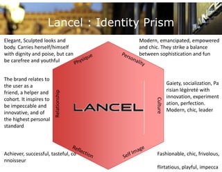 Lancel : Identity Prism
Elegant, Sculpted looks and              Modern, emancipated, empowered 
body. Carries herself/himself            and chic. They strike a balance 
with dignity and poise, but can          between sophistication and fun
be carefree and youthful


The brand relates to 
the user as a 
the user as a                                             Gaiety, socialization, Pa
                                                          risian légèreté with 
                              tionship




friend, a helper and 
cohort. It inspires to                                    innovation, experiment




                                               Cultu
be impeccable and 
be impeccable and                                         ation, perfection. 
                          Relat




                                                   ure 
innovative, and of                                        Modern, chic, leader
the highest personal 
s a da d
standard



Achiever, successful, tasteful, co              Fashionable, chic, frivolous,
nnoisseur 
                                                flirtatious, playful, impecca
 