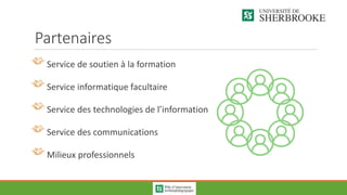 Partenaires
Service de soutien à la formation
Service informatique facultaire
Service des technologies de l’information
Service des communications
Milieux professionnels
 