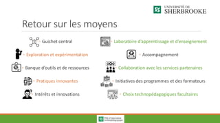 Retour sur les moyens
◦ Guichet central
◦ Exploration et expérimentation
◦ Banque d’outils et de ressources
◦ Pratiques innovantes
◦ Intérêts et innovations
◦ Laboratoire d’apprentissage et d’enseignement
◦ Accompagnement
◦ Collaboration avec les services partenaires
◦ Initiatives des programmes et des formateurs
◦ Choix technopédagogiques facultaires
 