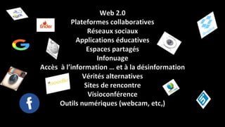 Web 2.0
Plateformes collaboratives
Réseaux sociaux
Applications éducatives
Espaces partagés
Infonuage
Accès à l’information … et à la désinformation
Vérités alternatives
Sites de rencontre
Visioconférence
Outils numériques (webcam, etc,)
 