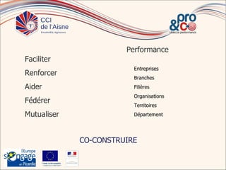 Performance
Faciliter
                                               Entreprises
Renforcer
                                               Branches
Aider                                          Filières
                                               Organisations
Fédérer
                                               Territoires
Mutualiser                                     Département




                                   CO-CONSTRUIRE

        Fonds s oc ial européen
                       europé
        In t pou vot e aven
          vesit    r r        ir
 