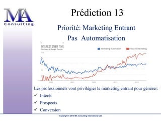 Prédiction 13
              Priorité: Marketing Entrant
                 Pas Automatisation




Les professionnels vont privilégier le marketing entrant pour générer:
 Intérêt
 Prospects
 Conversion
              Copyright © 2013 MA Consulting International Ltd
 