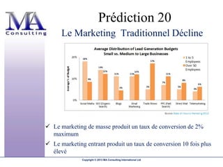 Prédiction 20
      Le Marketing Traditionnel Décline




 Le marketing de masse produit un taux de conversion de 2%
  maximum
 Le marketing entrant produit un taux de conversion 10 fois plus
  élevé
              Copyright © 2013 MA Consulting International Ltd
 