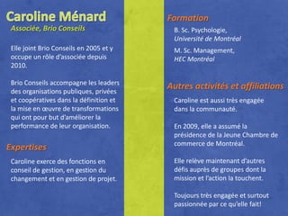 Formation
 Associée, Brio Conseils                  B. Sc. Psychologie,
                                          Université de Montréal
 Elle joint Brio Conseils en 2005 et y    M. Sc. Management,
 occupe un rôle d’associée depuis         HEC Montréal
 2010.

 Brio Conseils accompagne les leaders
 des organisations publiques, privées
                                         Autres activités et affiliations
 et coopératives dans la définition et    Caroline est aussi très engagée
 la mise en œuvre de transformations      dans la communauté.
 qui ont pour but d’améliorer la
 performance de leur organisation.        En 2009, elle a assumé la
                                          présidence de la Jeune Chambre de
                                          commerce de Montréal.
Expertises
 Caroline exerce des fonctions en         Elle relève maintenant d’autres
 conseil de gestion, en gestion du        défis auprès de groupes dont la
 changement et en gestion de projet.      mission et l’action la touchent.

                                          Toujours très engagée et surtout
                                          passionnée par ce qu’elle fait!
 