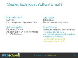 Quelles techniques s'offrent à moi ?


Brick and mortar                        Pure player
100% réel                               100% virtuel
Une boutique ayant pignon sur rue       Site e-commerce uniquement

Click and mortar                        Drop shipping
50% virtuel 50% réel                    Vendre en ligne sans avoir de stock
Une boutique et un site e-commerce      + financier, pas de stock
Ex : FNAC, Boulanger                    + augmenter sa gamme de produits
                                        + absence d'inventaire
                                        - commission au grossiste
                                        - être réactif sur les M.A.J




                              Lancer son site e-commerce
 