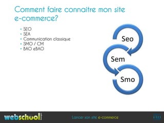 Comment faire connaitre mon site
e-commerce?
 •   SEO
 •   SEA
 •   Communication classique
 •   SMO / CM
 •   BAO eBAO




                               Lancer son site e-commerce
 