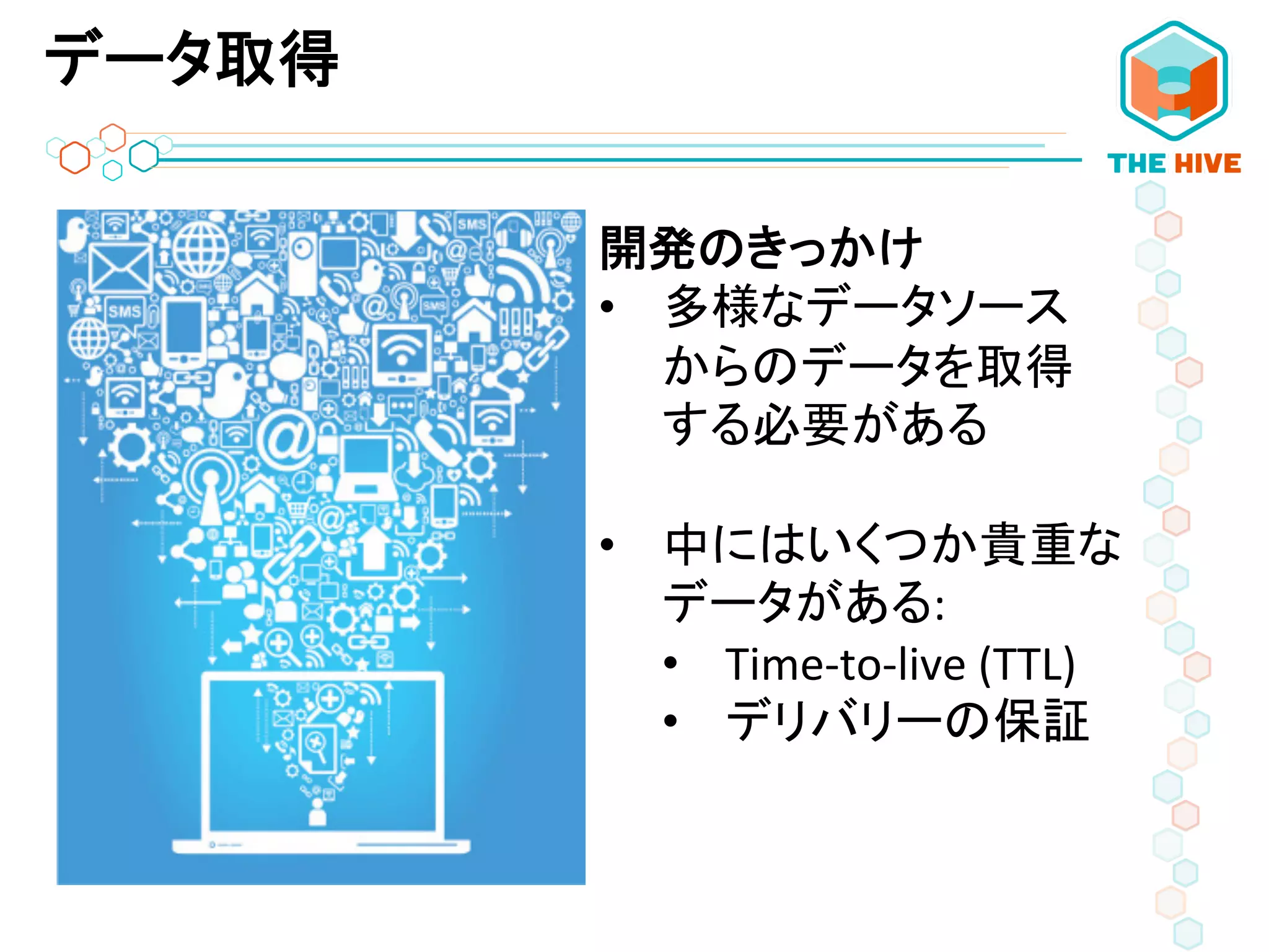 データ取得
開発のきっかけ	
  
•  多様なデータソース	
  
からのデータを取得	
  
する必要がある	
  
	
  
•  中にはいくつか貴重な	
  
データがある:	
  
•  Time-­‐to-­‐live	
  (TTL)	
  
•  デリバリーの保証	
  
 