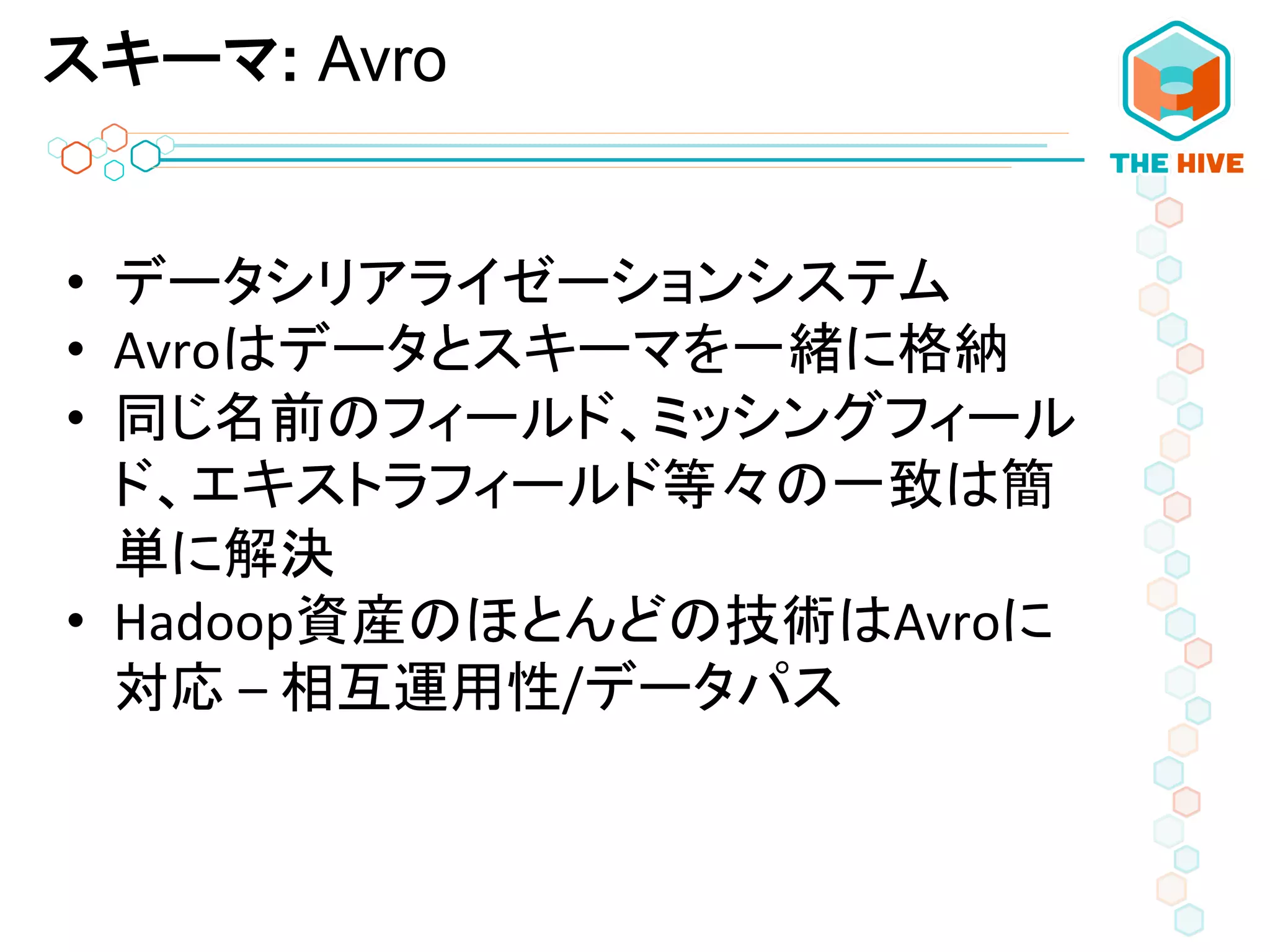 スキーマ: Avro
	
  
•  データシリアライゼーションシステム	
  
•  Avroはデータとスキーマを一緒に格納	
  
•  同じ名前のフィールド、ミッシングフィール
ド、エキストラフィールド等々の一致は簡
単に解決	
  
•  Hadoop資産のほとんどの技術はAvroに
対応	
  –	
  相互運用性/データパス	
  
	
  
	
  
 