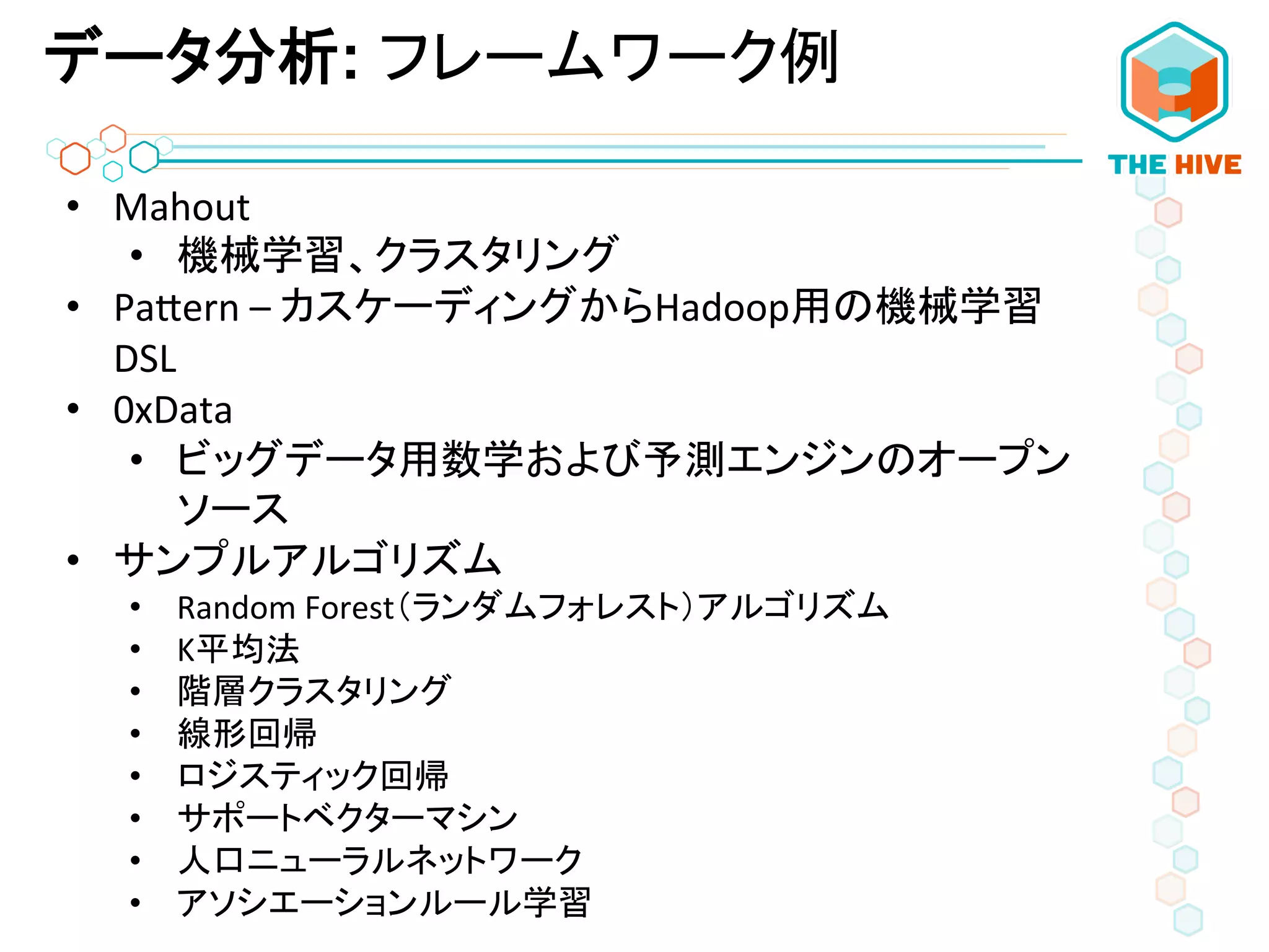 データ分析: フレームワーク例
•  Mahout	
  
•  機械学習、クラスタリング	
  
•  PaPern	
  –	
  カスケーディングからHadoop用の機械学習
DSL	
  
•  0xData	
  
•  ビッグデータ用数学および予測エンジンのオープン
ソース	
  
•  サンプルアルゴリズム	
  
•  Random	
  Forest（ランダムフォレスト）アルゴリズム	
  
•  K平均法	
  
•  階層クラスタリング	
  
•  線形回帰	
  
•  ロジスティック回帰	
  
•  サポートベクターマシン	
  
•  人口ニューラルネットワーク	
  
•  アソシエーションルール学習	
  
 