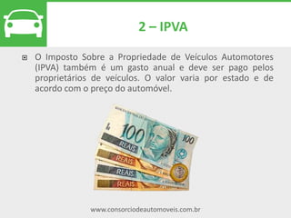 www.consorciodeautomoveis.com.br
Lance livre
Imagine a seguinte situação:
José tem uma carta de crédito de R$ 30
mil e ofereceu como lance R$ 10 mil
(33% de seu crédito). Já João tem um
crédito de R$ 100 mil e deu um lance
de R$ 20 mil (20% de seu crédito).
O lance vencedor é o que foi ofertado
por José.
Na modalidade livre, os lances oferecidos pelo consorciado podem
ser de qualquer valor acima de 1% do custo faltante para quitar o
consórcio. Neste caso, é contemplado quem ofertar o maior
percentual de abatimento em relação ao seu crédito.
 