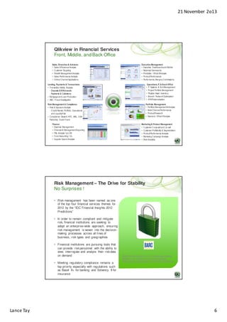 21 November 2o13

Qlikview in Financial Services
Front, Middle, and Back Office
Sales, Branches & Advisors
• Sales & Revenue Analysis
• Customer Targeting
• Wealth Management Analysis
• Sales Performance Analysis
• Online Channel Applications

Executive Management
• Executive Dashboards and Mobile
• Balanced Scorecards
• Predictive / What-If Analysis
• Product Performance
• Performance, Margins, Commissions

Lending, Payments & Transactions
• Transaction Activity Analysis
- Deposits & Withdrawals
- Payments & Collections
• Mortgage and Loan Production
• AML / Fraud Investigation

Operations, IT, & Back Office
• IT Systems & SLA Management
• Project Portfolio Management
• Physical Asset Inventory
• Branch / Network Optimization
• ATM Rationalization

Risk Management & Compliance
• Risk & Exposure Analysis
- Credit, Market, Portfolio, Operational
and Liquidity Risk
• Compliance –Basel II, KYC, AML, USA
Patriot Act, Dodd-Frank

Portfolio Management
• Portfolio Management & Analysis
• Multi-Channel Performance
• Product Research
• Scenario / What-if Analysis

Finance
• Expense Management
• Financial & Management Reporting
• P&L Analysis by LOB
• Fund Accounting / GL
• Supplier Spend Analysis

Dashboard
Analysis

Marketing & Product Management
• Customer Cross-sell and Up-sell
• Customer Profitability & Segmentation
• Product Performance Analysis
• Marketing Campaign Analysis
• Web Analytics

Risk Management – The Drive for Stability
No Surprises !
• Risk management has been named as one
of the top four financial services themes for
2012 by the “IDC Financial Insights 2012
Predictions”
• In order to remain compliant and mitigate
risk, financial institutions are seeking to
adopt an enterprise-wide approach, ensuring
risk management is woven into the decisionmaking processes across all lines of
business, risk types and geographies
• Financial institutions are pursuing tools that
can provide risk personnel with the ability to
view, interrogate and analyze their risk data
on demand
• Meeting regulatory compliance remains a
top priority especially with regulations such
as Basel II+ for banking and Solvency II for
insurance

Lance Tay

BARC BI Survey 2011: #1 in Customer loyalty,
Mobile use, Intent to buy more licenses,
Performance satisfaction and Product features

6

 
