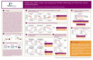 LANCE Ultra cAMP: A New, Two-Component TR-FRET cAMP Assay for HTS of Gs- and Gi-
                                                                                        Coupled Receptors
                                                                                        Nancy Gauthier, Julie Blouin, Mireille Caron, Philippe Roby, Lucille Beaudet & Jaime Padrós


 1        Abstract                                                                                  4                                    Agonist Responses in SK-N-MC Cells Expressing Endogenous Gs-coupled                                                                                                                                                                                                                                                                                          8                                    Z’ Study in CHO Cells Expressing
Guanosine triphosphate binding protein-coupled receptors                                                                                 β-adrenergic Receptors                                                                                                                                                                                                                                                                                                                                                                            Gs-hMC4 Receptors
(GPCRs) represent one of the largest and most important classes
of pharmaceutical drug targets. We have developed a second-                                                                                LANCE Ultra cAMP kit                                                                                 Company C (dynamic 2 kit)                                                        Company D (HS+ kit)                                                                                                                                                                                                                                            LANCE Ultra cAMP kit
generation LANCE® time-resolved fluorescence resonance energy                                                                                  2,000 cells                                                                                            7,500 cells                                                                   1,000 cells                                                                                                                                                                                                                                                     1,000 cells
transfer (TR-FRET) immunoassay designed to measure cAMP




                                                                                                                                                                                                                                                                                                                                                                                                                                                                                                                                                   TR-FRET Signal (665 nm)
                                                                                          TR-FRET Signal (665 nm)




                                                                                                                                                                                              TR-FRET Signal (665 nm)
                                                                                                                              18,000                                                                                                2,500                                                                         35,000                                                                                                                                                                                                                                                     20,000
produced upon modulation of adenylyl cyclase activity by




                                                                                                                                                                                                                                                                                             Luminescence (cps)
                                                                                                                                                                                                                                                                                                                                                                                 Isoproterenol                                                   LANCE Ultra           Company C       Company D                                                                             17,500                                                                                                  Cells
                                                                                                                              15,000                                                                                                                                                                              30,000
activated GPCRs. The homogeneous two-component LANCE Ultra                                                                                                                                                                          2,000
                                                                                                                                                                                                                                                                                                                  25,000
                                                                                                                                                                                                                                                                                                                                                                                 Norepinephrine
                                                                                                                                                                                                                                                                                                                                                                                                                                                 S/B
                                                                                                                                                                                                                                                                                                                                                                                                                                                          EC50
                                                                                                                                                                                                                                                                                                                                                                                                                                                                       S/B
                                                                                                                                                                                                                                                                                                                                                                                                                                                                               EC50
                                                                                                                                                                                                                                                                                                                                                                                                                                                                                       S/B
                                                                                                                                                                                                                                                                                                                                                                                                                                                                                              EC50                                                                           15,000                                                                                                  NPD--MSH (0.5 nM)
                                                                                                                              12,000                                                                                                                                                                                                                                                                                                                      (nM)                 (nM)           (nM)
cAMP assay kit is based on the competition between europium                                                                                                                                                                         1,500                                                                         20,000
                                                                                                                                                                                                                                                                                                                                                                                 Formoterol
                                                                                                                                                                                                                                                                                                                                                                                                                          Isoproterenol          18.8     0.29         7.1     0.41    2.2    1.9
                                                                                                                                                                                                                                                                                                                                                                                                                                                                                                                                                                             12,500                                                                                                  NDP--MSH (0.5 nM)
                                                                                                                                                                                                                                                                                                                                                                                                                                                                                                                                                                                                                                                                                     + SHU9119 (30 µM)
chelate-labeled cAMP and cellular cAMP for binding to high-affinity                                                            9,000
                                                                                                                                                                                                                                    1,000                                                                         15,000
                                                                                                                                                                                                                                                                                                                                                                                 BRL 37344
                                                                                                                                                                                                                                                                                                                                                                                                                          Norepinephrine         20.7      3.0         6.4     4.6     2.1    15.4
                                                                                                                                                                                                                                                                                                                                                                                                                                                                                                                                                                             10,000
                                                                                                                                                                                                                                                                                                                                                                                 Salmeterol                                                                                                                                                                                   7,500
anti-cAMP monoclonal antibodies labeled with the ULight™ dye.                                                                  6,000
                                                                                                                                                                                                                                                                                                                  10,000                                                                                                  Formoterol             19.4      9.7         6.3     11.9    2.0    53.3                                                                            5,000
Here we present data comparing the performance in 384-well                                                                     3,000                                                                                                 500
                                                                                                                                                                                                                                                                                                                   5,000                                                                                                  BRL 37344              5.3      54.9         2.3     101     1.3    464                                                                             2,500
format of the new LANCE Ultra cAMP kit with that of alternative                                                                   0                                                                                                    0                                                                              0                                                                                                   Salmeterol             9.2      335          3.6     375     1.5    752                                                                                 0
cAMP assay technologies, namely a TR-FRET assay (dynamic 2 kit                                                                         - -12-11-10 -9 -8 -7 -6 -5 -4 -3 -2                                                                 - -12-11-10 -9 -8 -7 -6 -5 -4 -3 -2                                           - -12-11-10 -9 -8 -7 -6 -5 -4 -3 -2                                                                                                                                                                                                                       0         10        20        30                               40         50       60
                                                                                                                                                                                                                                                                                                                                                                                                                                                                                                                                                                                                                # Wells
from Company C) and two Enzyme Fragment Complementation                                                                                          Log [Agonist] (M)                                                                                     Log [Agonist] (M)                                                                Log [Agonist] (M)
                                                                                                                                                                                                                                                                                                                                                                                                                                                                                                                                    Detection                                         Cells                                                          Agonist                         Agonist + Antagonist
assays (XS+ and HS+ kits from Company D). These cAMP assay                                                                                                                                                                                                                                                                                                                                                                                                                                                                            time                      Mean                      SD         %CV            Mean                                  SD          %CV           Mean          SD         %CV
technologies were evaluated for their ability to detect agonist- or                                                                                                                                                                                                                                                                                                                                                                                                                                                                       1h                  15518                   952            6.1            1505                                  83            5.5         10080         945        9.4
antagonist-induced cAMP responses in suspension cells expressing
endogenous (β-adrenergic) or recombinant receptors (Gs-MC4;
                                                                                                     5                                   Agonist Responses in CHO Cells Expressing Gi-hCXCR3 Receptors                                                                                                                                                                                                                                                                                                                                    O/N                 12412                   746            6.0            1363                                  111           8.1         8506          709        8.3


Gi-CXCR3; Gi-CB1). The LANCE Ultra kit yields a cAMP assay with                                                                                                                                                                                                                                                                                                                                                                                                                                                                                                                     Detection              Cells/Agonist
                                                                                                                                                                                                                                                                                                                                                                                                                                                                                                                                                                                                                                                               Agonist + Antagonist
                                                                                                                                                                                                                                                                                                                                                                                                                                                                                                                                                                                                                                                                     /Agonist
the highest sensitivity and signal window than any tested: IC50                                                                                                                                                                                                                                                                                                                                                                                                                                                                                                                       time
                                                                                                                                                                                                                                                                                                                                                                                                                                                                                                                                                                                                          S/B               Z'                                   S/B          Z'
value of 28 fmoles and signal-to-background (S/B) ratio of 70 in a                                                                         LANCE Ultra cAMP kit                                                                                 Company C (dynamic 2 kit)                                                      Company D (XS+ kit)                                                                                                                                                                                                                                        1h              10.3             0.78                                   6.7       0.64
                                                                                                                                       2,000 cells, 300 nM Forskolin                                                                            5,000 cells, 1 µM Forskolin                                                5,000 cells, 20 µM Forskolin                                                                                                                                                                                                                                   O/N             9.1              0.77                                   6.2               0.66
cAMP standard curve. These features allow using fewer cells




                                                                                                                                                                                           TR-FRET Signal (665 nm)
                                                                                           TR-FRET Signal (665 nm)
compared to other cAMP detection platforms. Results of cell-based                                                             15,000                                                                                                2,500                                                                       100,000




                                                                                                                                                                                                                                                                                           Luminescence (cps)
                                                                                                                                                                                                                                                                                                                                                                                 CXCL11
assays indicated that all four cAMP platforms provide comparable                                                              12,000                                                                                                                                                                              80,000                                                                                                               LANCE Ultra               Company C            Company D

                                                                                                                                                                                                                                                                                                                                                                                                                                                                                                      9
                                                                                                                                                                                                                                    2,000                                                                                                                                        CXCL10
assay pharmacology with the expected rank order of agonist or
                                                                                                                               9,000                                                                                                1,500                                                                         60,000
                                                                                                                                                                                                                                                                                                                                                                                 CXCL9                                                 S/B
                                                                                                                                                                                                                                                                                                                                                                                                                                                  EC50
                                                                                                                                                                                                                                                                                                                                                                                                                                                  (nM)
                                                                                                                                                                                                                                                                                                                                                                                                                                                                 S/B
                                                                                                                                                                                                                                                                                                                                                                                                                                                                             EC50
                                                                                                                                                                                                                                                                                                                                                                                                                                                                             (nM)
                                                                                                                                                                                                                                                                                                                                                                                                                                                                                      S/B
                                                                                                                                                                                                                                                                                                                                                                                                                                                                                             EC50
                                                                                                                                                                                                                                                                                                                                                                                                                                                                                             (nM)                                          Standard Curve Stability Over Time
antagonist potency. However, in every application, the LANCE                                                                                                                                                                                                                                                                                                                                                              CXCL11       6.3         1.7           3.7         3.6      2.9     3.4
Ultra outperformed the other cAMP platforms in terms of S/B                                                                    6,000                                                                                                1,000                                                                         40,000
                                                                                                                                                                                                                                                                                                                                                                                                                          CXCL10       4.7         27.3          3.5         47.7     2.3    11.1                                               LANCE Ultra cAMP kit                                                                                                 Company C (dynamic 2 kit)
ratio. This key advantage, combined to a stable pharmacology,




                                                                                                                                                                                                                                                                                                                                                                                                                                                                                                                                                                                                                           TR-FRET Signal (665 nm)
                                                                                                                                                                                                                                                                                                                                                                                                                                                                                                       TR-FRET Signal (665 nm)
                                                                                                                               3,000                                                                                                 500                                                                          20,000                                                                                                  CXCL9        5.3         130           4.3         924      1.8    51.8                                25,000                                                                                                               4,500
simple assay protocol and unique kit format for every application,                                                                                                                                                                                                                                                                                                                                                                                                                                                                                                                                                                                    4,000                                                        1h
                                                                                                                                   0                                                                                                                                                                                  0                                                                                                                                                                                                          20,000                                                                                                                                                                            O/N
makes the LANCE Ultra cAMP assay a superior HTS technology                                                                                                                                                                             0                                                                                                                                                                                                                                                                                                                                                                                                              3,500
                                                                                                                                       - -11   -10   -9    -8    -7        -6        -5                                                    - -11    -10   -9   -8   -7    -6        -5                                   - -11   -10     -9      -8    -7     -6         -5                                                                                                                                                                                                                                                                        3,000
suitable for both Gs- and challenging Gi-coupled receptors.
                                                                                                                                                                                                                                                                                                                                                                                                                                                                                                                                 15,000
                                                                                                                                                                                                                                                                                                                                                                                                                                                                                                                                                                                                                                                      2,500
                                                                                                                                                 Log [Agonist] (M)                                                                                     Log [Agonist] (M)                                                                Log [Agonist] (M)                                                                                                                                                                                                                                                                                             2,000
                                                                                                                                                                                                                                                                                                                                                                                                                                                                                                                                 10,000
                                                                                                                                                                                                                                                                                                                                                                                                                                                                                                                                                                                                                                                      1,500
                                                                                                                                                                                                                                                                                                                                                                                                                                                                                                                                  5,000                                                                                                               1,000

 2        LANCE Ultra cAMP Assay Principle                                                                                                                                                                                                                                                                                                                                                                                                                                                                                                                                                                                                              500


                                                                                                                                                                                                                                                                                                                                                                                 7
                                                                                                                                                                                                                                                                                                                                                                                                                                                                                                                                     0                                                                                                                    0
                                                                                                   6                                     Antagonist Responses in CHO Cells Expressing Gi-                                                                                                                                                                                             Agonist Responses in CHO                                                                                                                            - -11              -10              -9     -8
                                                                                                                                                                                                                                                                                                                                                                                                                                                                                                                                                                             Log [cAMP] (M)
                                                                                                                                                                                                                                                                                                                                                                                                                                                                                                                                                                                                -7   -6        -5                                                - -11       -10     -9     -8
                                                                                                                                                                                                                                                                                                                                                                                                                                                                                                                                                                                                                                                                                Log [cAMP] (M)
                                                                                                                                                                                                                                                                                                                                                                                                                                                                                                                                                                                                                                                                                                   -7   -6    -5


     In the absence of free cAMP                      In the presence of free cAMP
                                                                                                                                         hCB1 Receptors                                                                                                                                                                                                                               Cells Expressing Gs-hMC4                                                                                                                                                                      Detection
                                                                                                                                                                                                                                                                                                                                                                                                                                                                                                                                                                                      time
                                                                                                                                                                                                                                                                                                                                                                                                                                                                                                                                                                                                           LANCE Ultra                                               Company C
                                                                                                                                                                                                                                                                                                                                                                                                                                                                                                                                                                                                          S/B         IC50 (nM)                                   S/B          IC50 (nM)
                                                                                                                                                                                                                                                                                                                                                                                      Receptors                                                                                                                                                                                           1h              68.1               1.4                                 19.5               4.3
                                                                                                                                                                                                                                                                                                                                                                                                                                                                                                                                                                                          O/N             68.1               1.5                                 12.7               4.1

                                                                                                                                                                                                                                                                                                                                                                                                                               LANCE Ultra cAMP kit
                                                                                                                                            LANCE Ultra cAMP kit                                                                                 Company C (dynamic 2 kit)                                                                                                                                                         1,000 cells




                                                                                                                                                                                                                                                                                                                                                                                       Tr-FRET Signal (665 nm)
                                                                                                                                         2,500 cells, 2.5 µM Forskolin                                                                           5,000 cells, 2.5 µM Forskolin                                                                                                                                   15,000
                                                                                                                                                                                                                                                                                                                                                                                                                                                                                      Melanotan II
                                                                                                                                             + 1 µM WIN55,212-2                                                                                      + 1 µM WIN55,212-2                                                                                                                                          12,500
                                                                                                                                                                                                          TR-FRET Signal (665 nm)
                                                                                                    TR-FRET Signal (665 nm)




                                                                                                                                                                                                                                     1,500                                                                                                                                                                                                                                            NDP--MSH
                                                                                                                               2,500
                                                                                                                                                                                                                                                                                                                     AM 251                                                                                      10,000                                                               -MSH
                                                                                                                                                                                                                                     1,250
                                                                                                                               2,000                                                                                                                                                                                 SR141716                                                                                     7,500

                                                                                                                               1,500
                                                                                                                                                                                                                                     1,000                                                                           LY 320135
                                                                                                                                                                                                                                                                                                                                                                                                                  5,000                                                                              10                                    Conclusions
 3        Protocol (384-well Format)                                                                                           1,000
                                                                                                                                                                                                                                       750
                                                                                                                                                                                                                                                                                                                                 LANCE Ultra             Company C                                                2,500
                                                                                                                                                                                                                                       500
                                                                                                                                                                                                                                                                                                                                 S/B      IC50 (nM)      S/B    IC50 (nM)                                            0                                                                               • The LANCE Ultra cAMP kit showed the highest assay
                                                                                                                                                                                                                                                                                                                                                                                                                                                                                                       sensitivity and signal window: IC50 value of 28 fmoles and
                                                                                                                                 500                                                                                                   250                                                                                                                                                                                - -13 -12 -11 -10              -9     -8     -7    -6
                                                                                                                                                                                                                                                                                                                    AM 251        5.0       11.9         3.5         11.2
 Cell Stimulation                  cAMP Detection               Read on the EnVision®                                                                                                                                                                                                                                                                                                                                                   Log [Agonist] (M)
                                                                                                                                   0                                                                                                        0                                                                                                                                                                                                                                                          S/B ratio of ~70 in a cAMP standard curve. These two assay
                                                                                                                                        - -11 -10    -9   -8    -7    -6        -5    -4                                                       - -10 -9                                                          SR141716
                                                                                                                                                                                                                                                                                                                                                                                                                                                                                                       parameters were stable following overnight incubation.
                                                                                                                                                                                                                                                            -8   -7   -6   -5    -4        -3                                     4.4       36.6         3.7      35.9
+ 5 µL Compound(s)                  + 5 µL Eu-cAMP                                                                                                                                                                                                                                                                                                                                                                           Company C (dynamic 2 kit)
    + 5 µL Cells                + 5 µL ULight-anti-cAMP                                                                                          Log [Antagonist] (M)                                                                                   Log [Antagonist] (M)                                       LY 320135      2.4       149          2.3         191                                                           5,000 cells




                                                                                                                                                                                                                                                                                                                                                                                       TR-FRET Signal (665 nm)
                     Incubate                             Incubate                                                                                                                                                                                                                                                                                                                                                2,000                                                                              • Expected pharmacological profiles and ranking of compound
                                                                                                                                             LANCE Ultra cAMP kit                                                                                Company C (dynamic 2 kit)                                                                                                                                                                                                            Melanotan II
                      30 min                                 1h
                                                                                                                                          2,500 cells, 2.5 µM Forskolin                                                                          5,000 cells, 2.5 µM Forskolin                                                                                                                                                                                                        NDP-a-MSH        potency were obtained with all four cAMP kits tested.
                                                                                                                                                                                                                                                                                                                                                                                                                  1,500
                                                                                                                                              + 1 µM WIN55,212-2                                                                                     + 1 µM WIN55,212-2                                                                                                                                                                                                               a-MSH            However, the LANCE Ultra technology consistently provided
                                                                                                                                 900                                                                                                 3,000                                                                                                                                                                        1,000                                                                                higher S/B ratios while using fewer cells.
                                                                                                                                 800                                                                                                                                                                                 AM 251
Each kit was used with the cell density giving the highest S/B                                                                                                                                                                       2,500
                                                                                                cAMP (fmoles)




                                                                                                                                                                                                           cAMP (fmoles)




                                                                                                                                                                                                                                                                                                                     SR141716
                                                                                                                                 700
                                                                                                                                                                                                                                                                                                                                                                                                                                                                                                     • The LANCE Ultra technology enabled the development of
ratio. All reagents were prepared and dispensed according to                                                                     600                                                                                                 2,000                                                                           LY 320135                                                                                     500
                                                                                                                                                                                                                                                                                                                                                                                                                                                                                                       robust cAMP assays suitable for HTS, as indicated by the
manufacturer’s recommendations. Experiments with all kits were                                                                   500
                                                                                                                                 400
                                                                                                                                                                                                                                     1,500                                                                                          LANCE Ultra           Company C                                                  0                                                                                 high and stable Z’ values obtained.
performed side-by-side with the same batch of frozen cells and                                                                   300                                                                                                 1,000
                                                                                                                                                                                                                                                                                                                                                                                                                           - -13 -12 -11 -10             -9     -8     -7     -6

using the same serially diluted solutions of the cAMP standard,                                                                  200
                                                                                                                                                                                                                                       500
                                                                                                                                                                                                                                                                                                                                        IC50 (nM)          IC50 (nM)
                                                                                                                                                                                                                                                                                                                                                                                                                                        Log [Agonist] (M)
                                                                                                                                                                                                                                                                                                                                                                                                                                                                                                     • These key advantages, combined with a simple assay
forskolin, agonists and antagonists. For antagonist assays, agonist                                                              100                                                                                                                                                                                  AM 251              120                  55.9                                                                          LANCE Ultra                       Company C
                                                                                                                                                                                                                                                                                                                                                                                                                                                                                                       protocol and unique kit format, make the LANCE Ultra cAMP
                                                                                                                                   0                                                                                                        0
(Gs-GPCR) or forskolin/agonist (Gi-GPCR) were used at their EC90                                                                        - -11 -10    -9   -8    -7    -6        -5    -4                                                       - -10 -9   -8   -7   -6   -5    -4        -3                        SR141716             163                  161
                                                                                                                                                                                                                                                                                                                                                                                                                  Melanotan II
                                                                                                                                                                                                                                                                                                                                                                                                                                          S/B
                                                                                                                                                                                                                                                                                                                                                                                                                                          10.9
                                                                                                                                                                                                                                                                                                                                                                                                                                                        EC50 (nM)
                                                                                                                                                                                                                                                                                                                                                                                                                                                          0.02
                                                                                                                                                                                                                                                                                                                                                                                                                                                                             S/B
                                                                                                                                                                                                                                                                                                                                                                                                                                                                             4.4
                                                                                                                                                                                                                                                                                                                                                                                                                                                                                      EC50 (nM)
                                                                                                                                                                                                                                                                                                                                                                                                                                                                                        0.04           assay a superior HTS technology suitable for both Gs- and
(fluorescence values). All assays were conducted manually in 384-                                                                                Log [Antagonist] (M)                                                                                   Log [Antagonist] (M)                                         LY 320135            277                  382                                                NDP-α-MSH               10.8            0.11               4.0        0.15           Gi-coupled GPCRs.
well format. Signal was detected with the EnVision reader in TR-                                                                                                                                                                                                                                                                                                                                                    α-MSH                  9.0            0.16               3.8        0.20

FRET or luminescence mode.


                                                                                                                                                                                                                                                                                                                                                                                                                 PerkinElmer, Inc., 940 Winter Street, Waltham, MA USA (800) 762-4000 or (+1) 203 925-4602 www.perkinelmer.com
 
